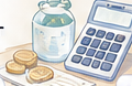 家計の記録に使う電卓と貯金箱