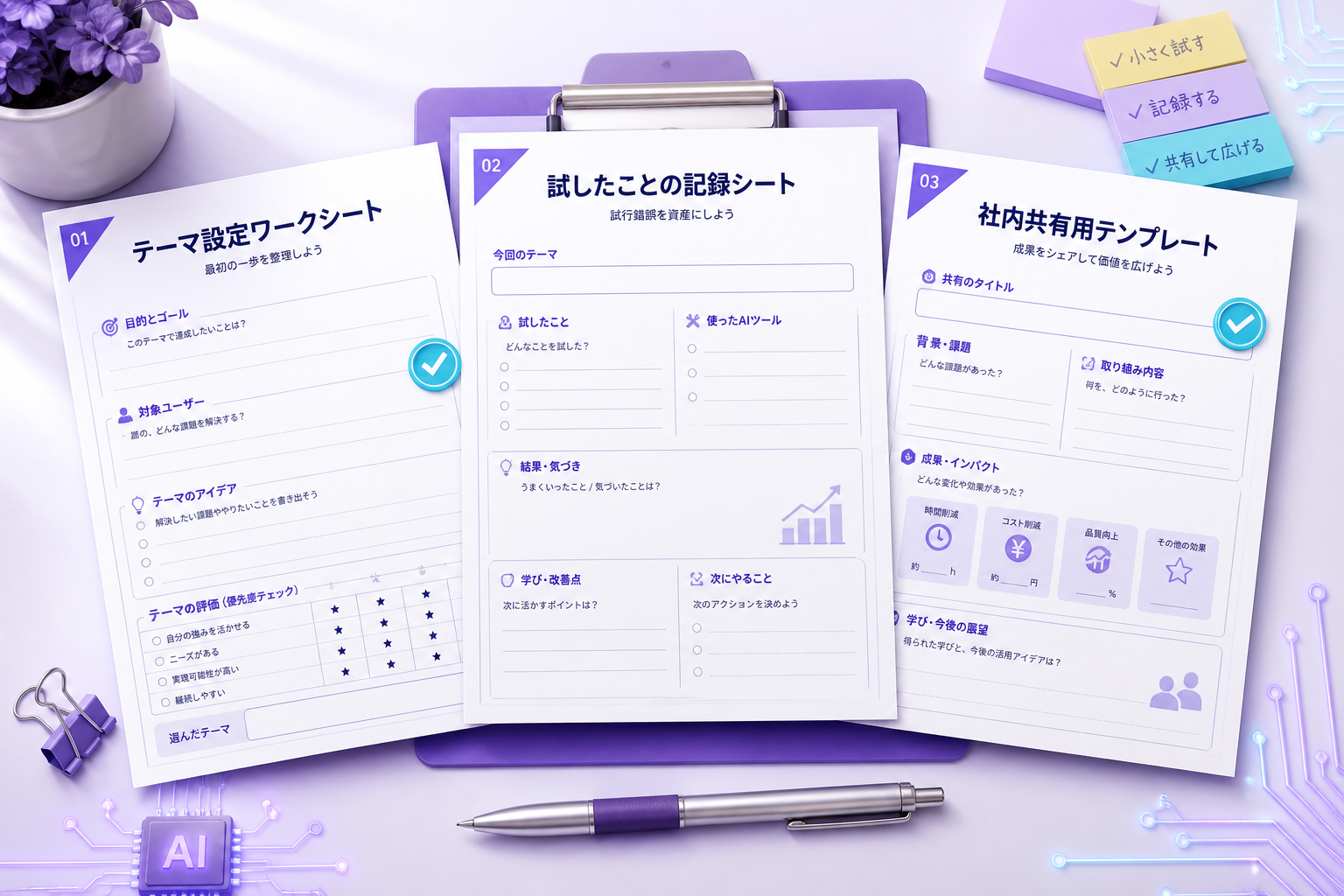テーマ設定、試したことの記録、社内共有に使える3枚の実用ワークシート