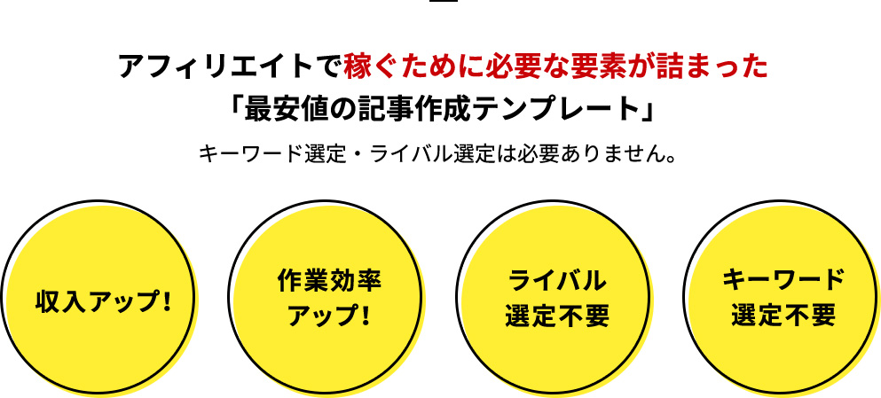 アフィリエイトで稼ぐために必要な要素が詰まった 「最安値の記事作成テンプレート」 キーワード選定・ライバル選定は必要ありません