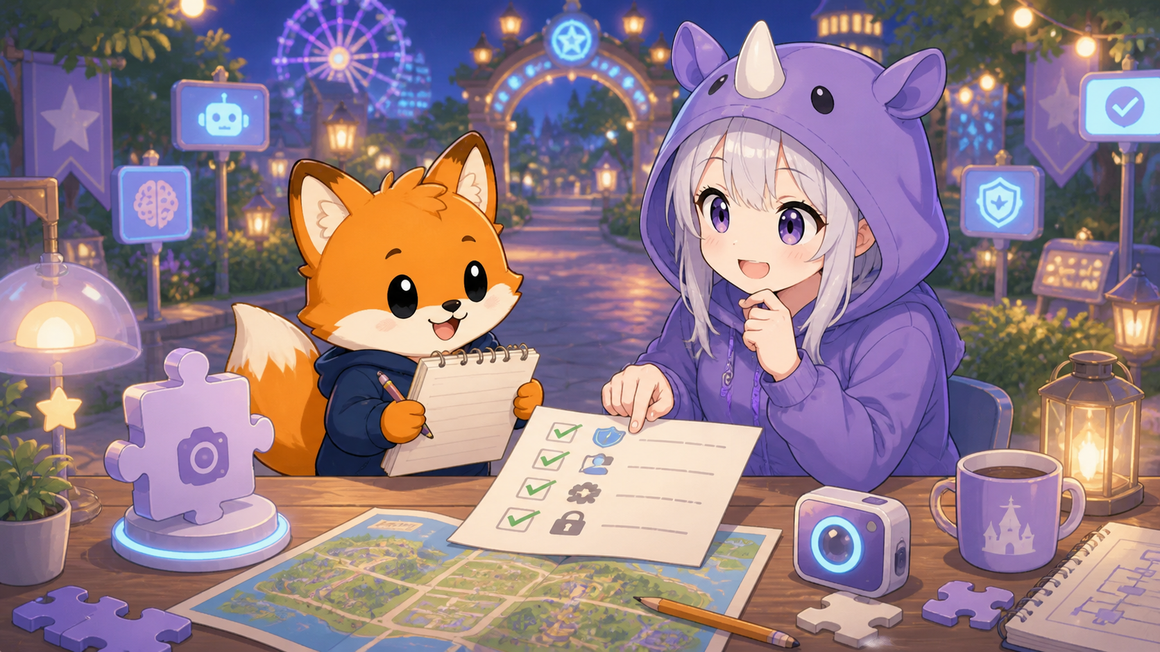 狐のかずまキャラとSAIちゃんがローカルChrome拡張の安全な作り方を相談している画像