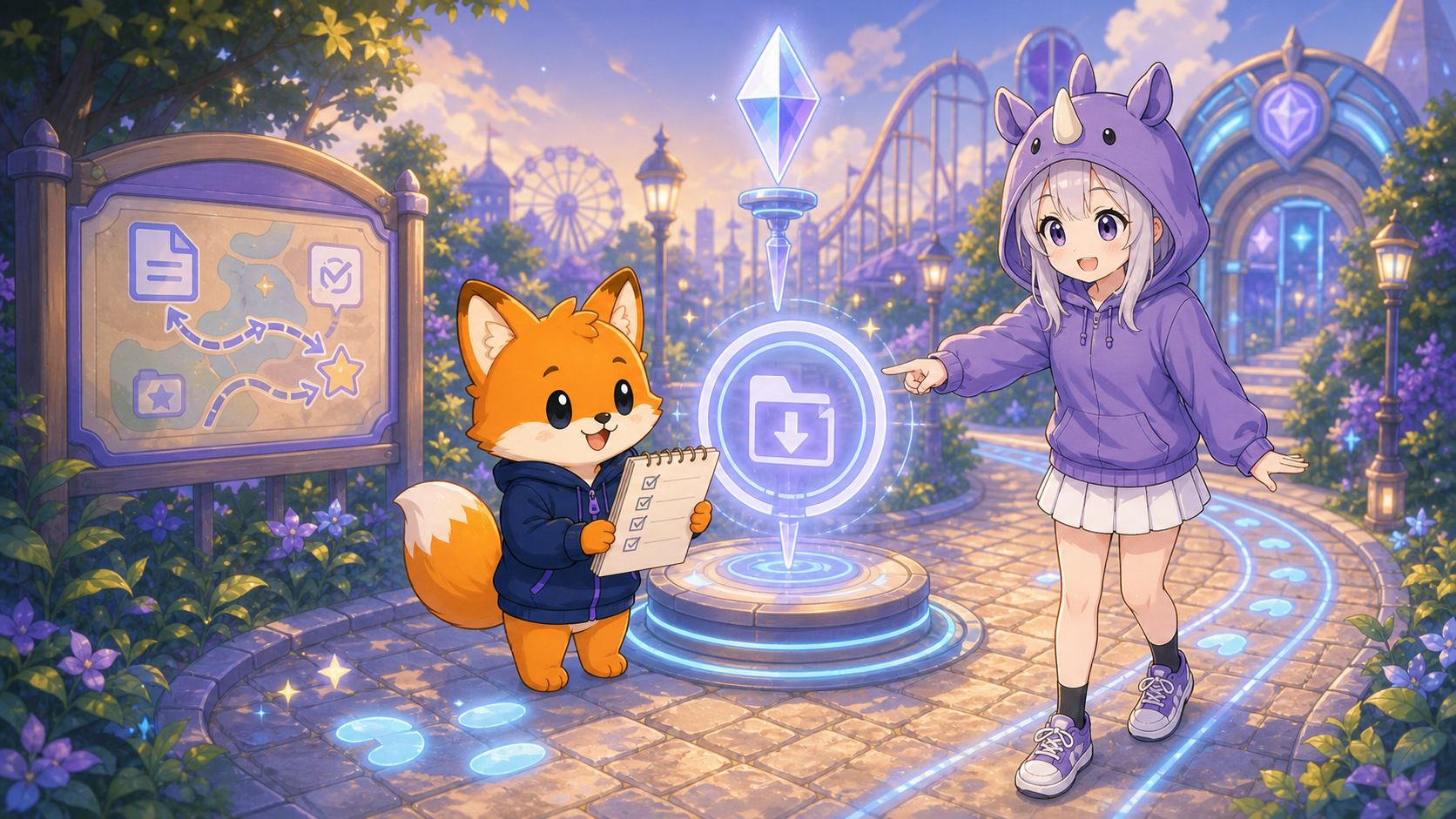 狐のかずまキャラとSAIちゃんがAIに任せる前のセーブポイントを確認している画像