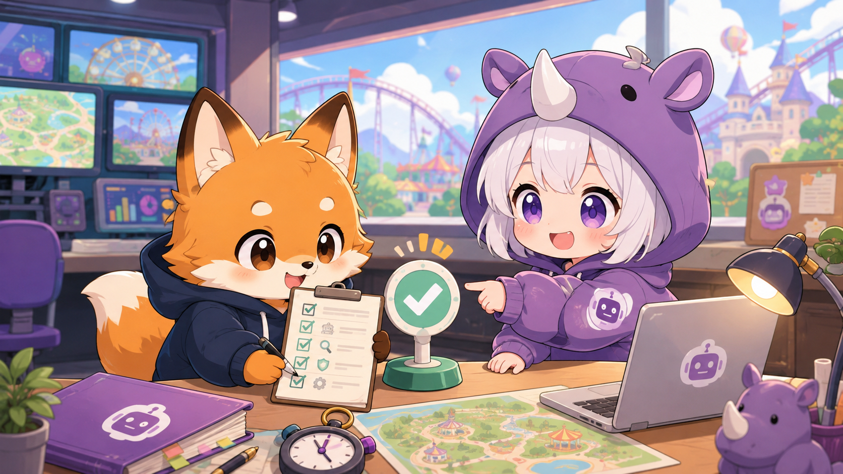 狐のかずまキャラとSAIちゃんがAIエージェントの実行前チェックをしている画像