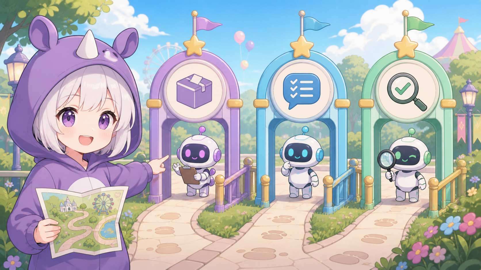 SAIちゃんが休日にAIエージェントを試す3ステップを案内している画像