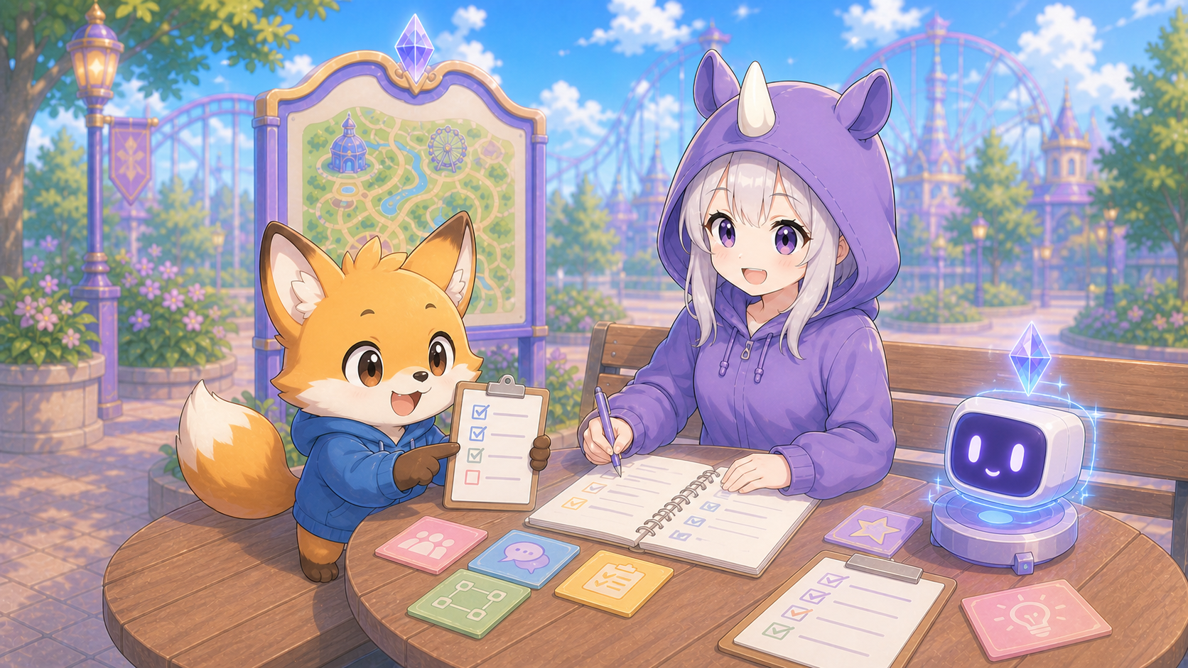 狐のかずまキャラとSAIちゃんが会議後のメモをTODOに整理している画像