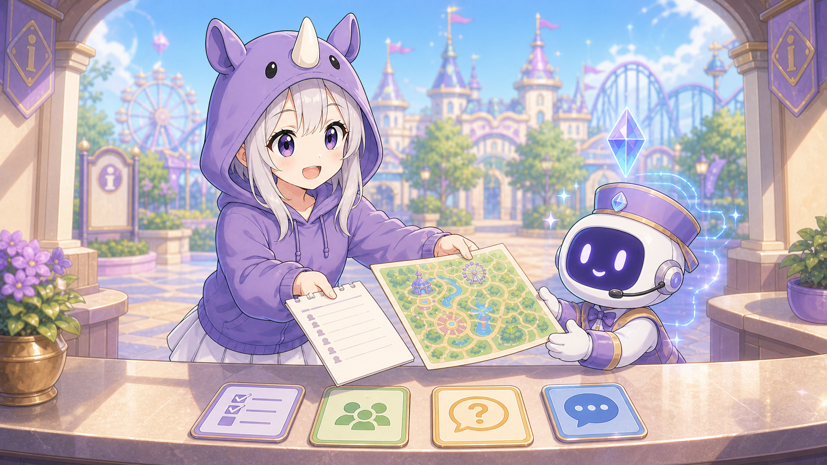 SAIちゃんが会議メモと園内マップをAI案内スタッフに渡して仕事の文脈を伝えている画像