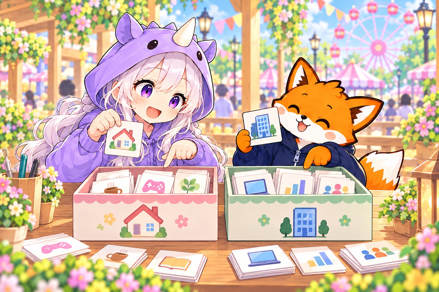 SAIちゃんが名札と作業箱を見比べ、かずまが閲覧用と作業用の鍵を整理する