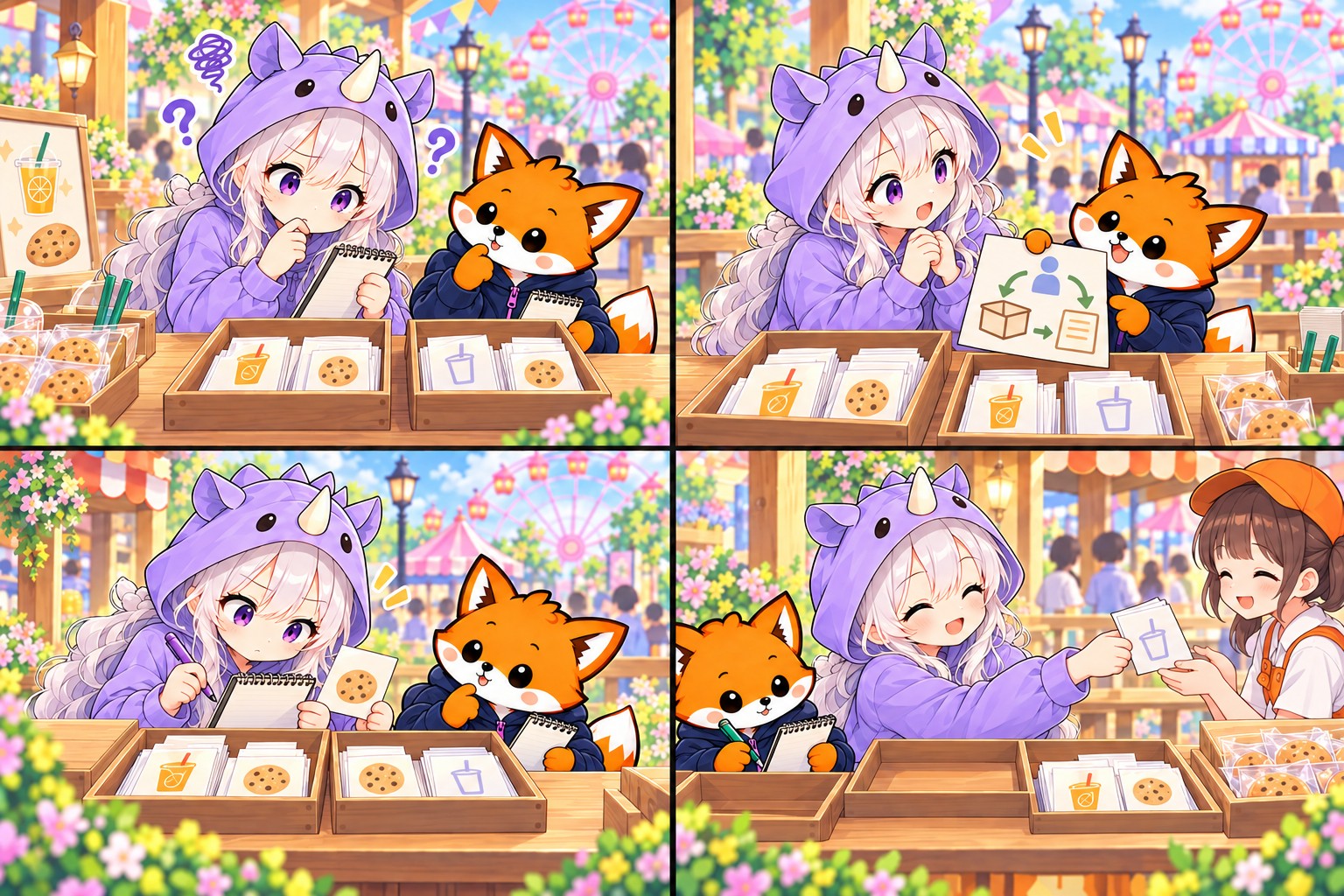 1コマ目。SAIちゃんとかずまがアカウントと作業箱について、机のカードやメモを見ながら一緒に確認する場面。