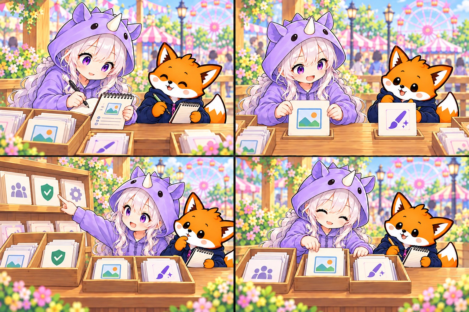 1コマ目。SAIちゃんとかずまがアカウントと作業箱について、机のカードやメモを見ながら一緒に確認する場面。