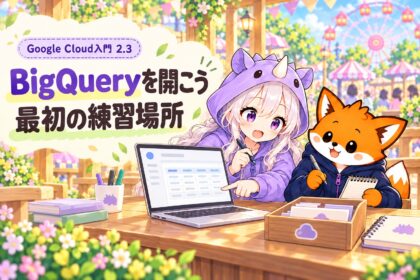 練習場所の確認をテーマに、SAIちゃんとかずまがパークの机でメモを見比べるGoogle Cloud入門の表紙
