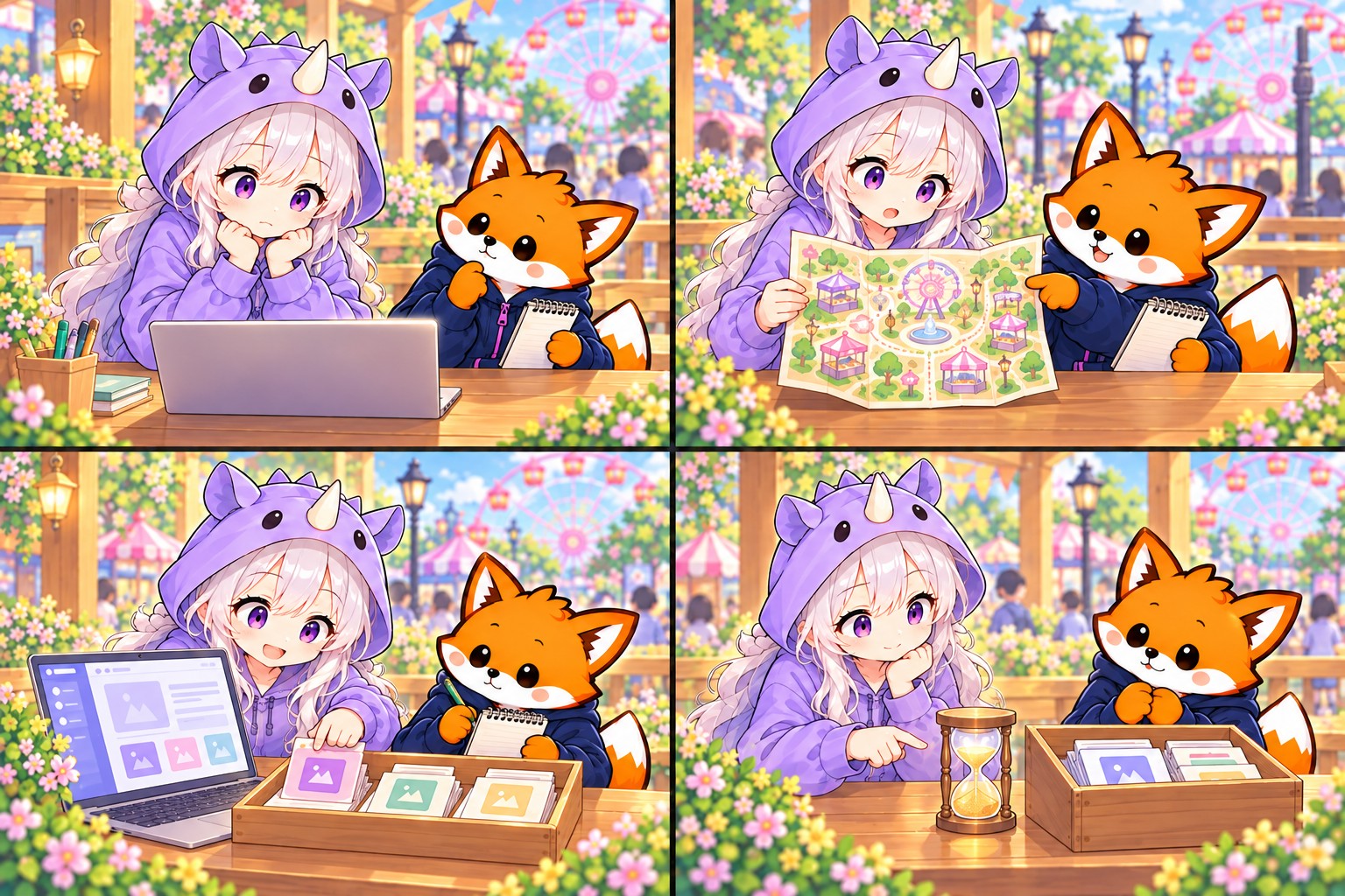 1コマ目。SAIちゃんとかずまが練習場所の確認について、机のカードやメモを見ながら一緒に確認する場面。