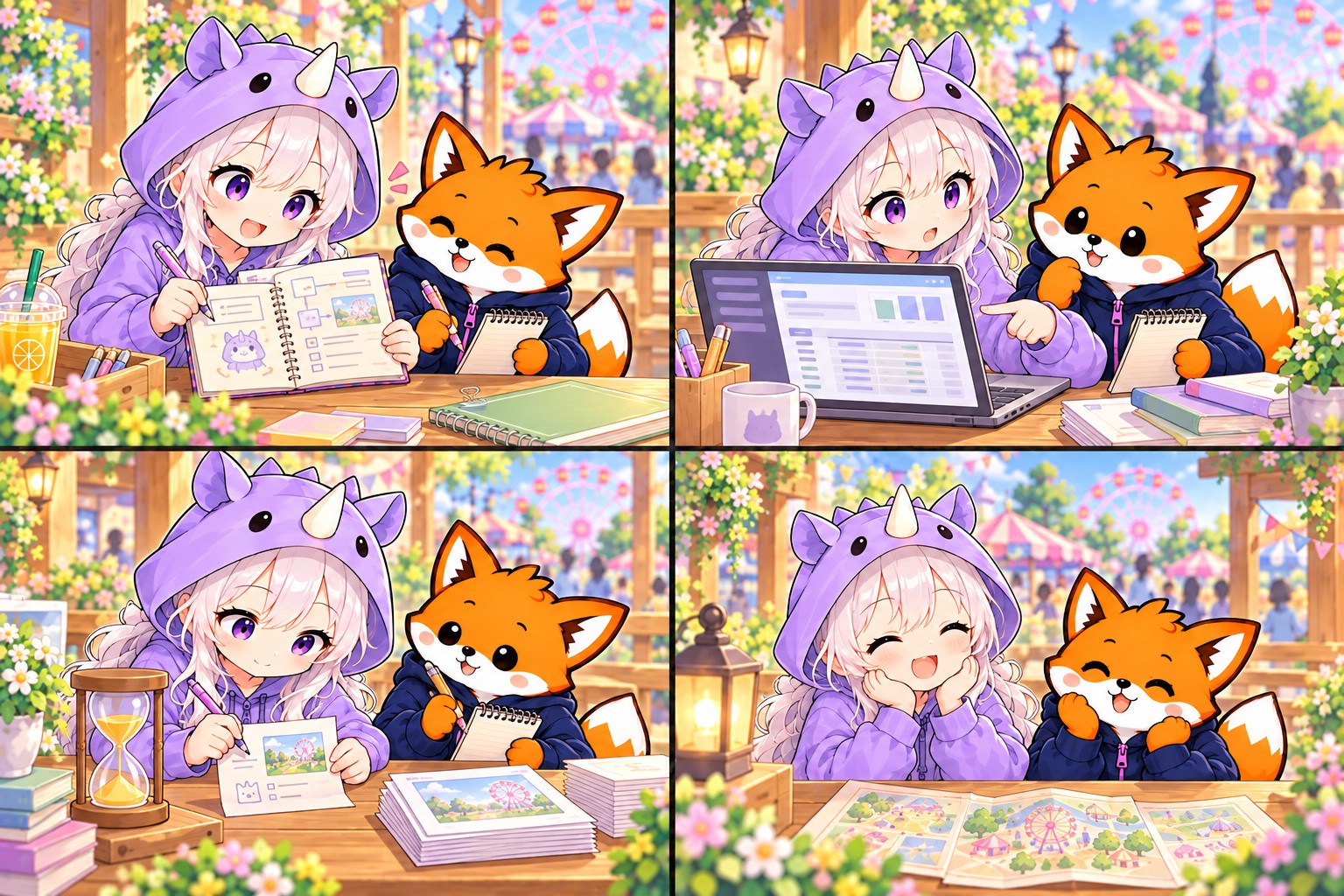 1コマ目。SAIちゃんとかずまが練習場所の確認について、机のカードやメモを見ながら一緒に確認する場面。