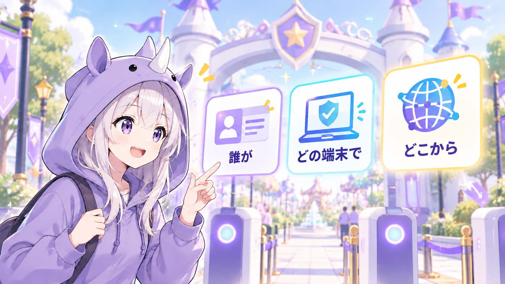 SAIちゃんが本人情報・端末・接続元の3つの条件を見比べるイラスト