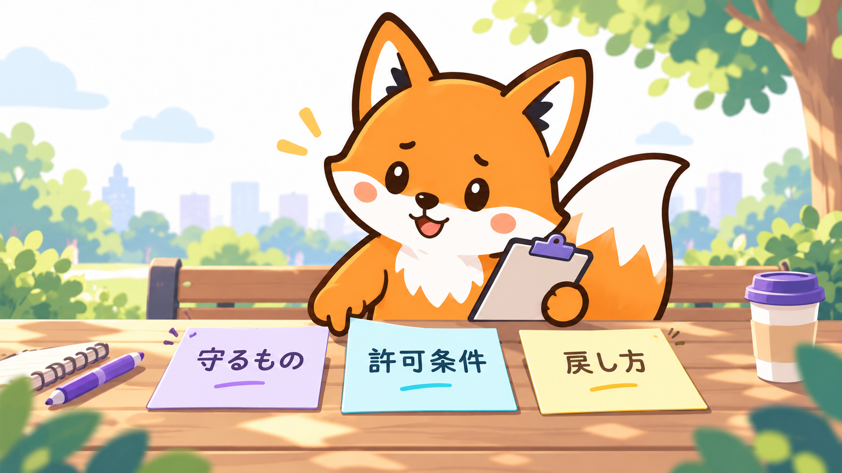 狐が守るもの・許可条件・戻し方の3枚のメモを並べるイラスト
