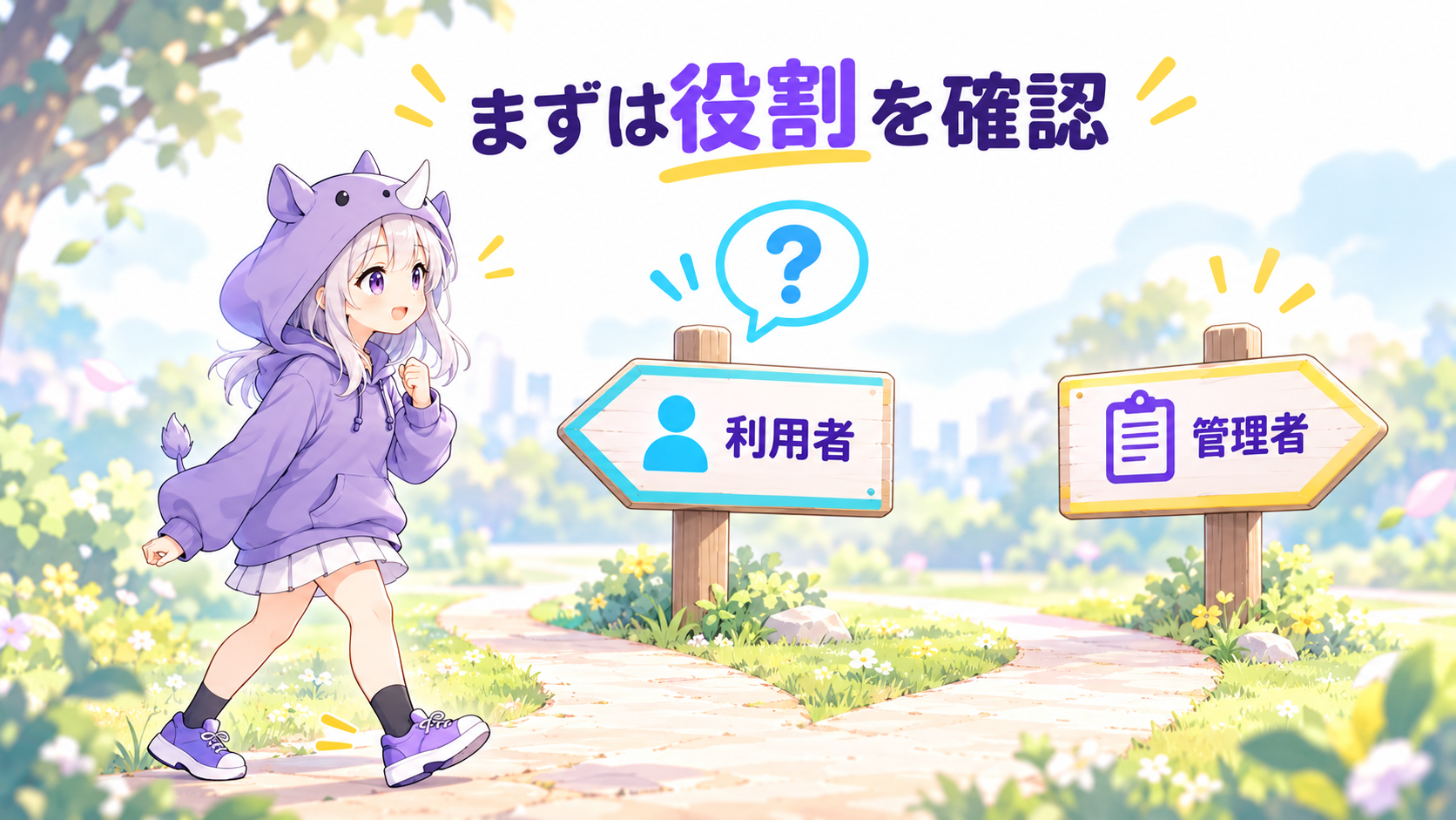 SAIちゃんが利用者と管理者の役割を確認して次の一歩を選ぶイラスト