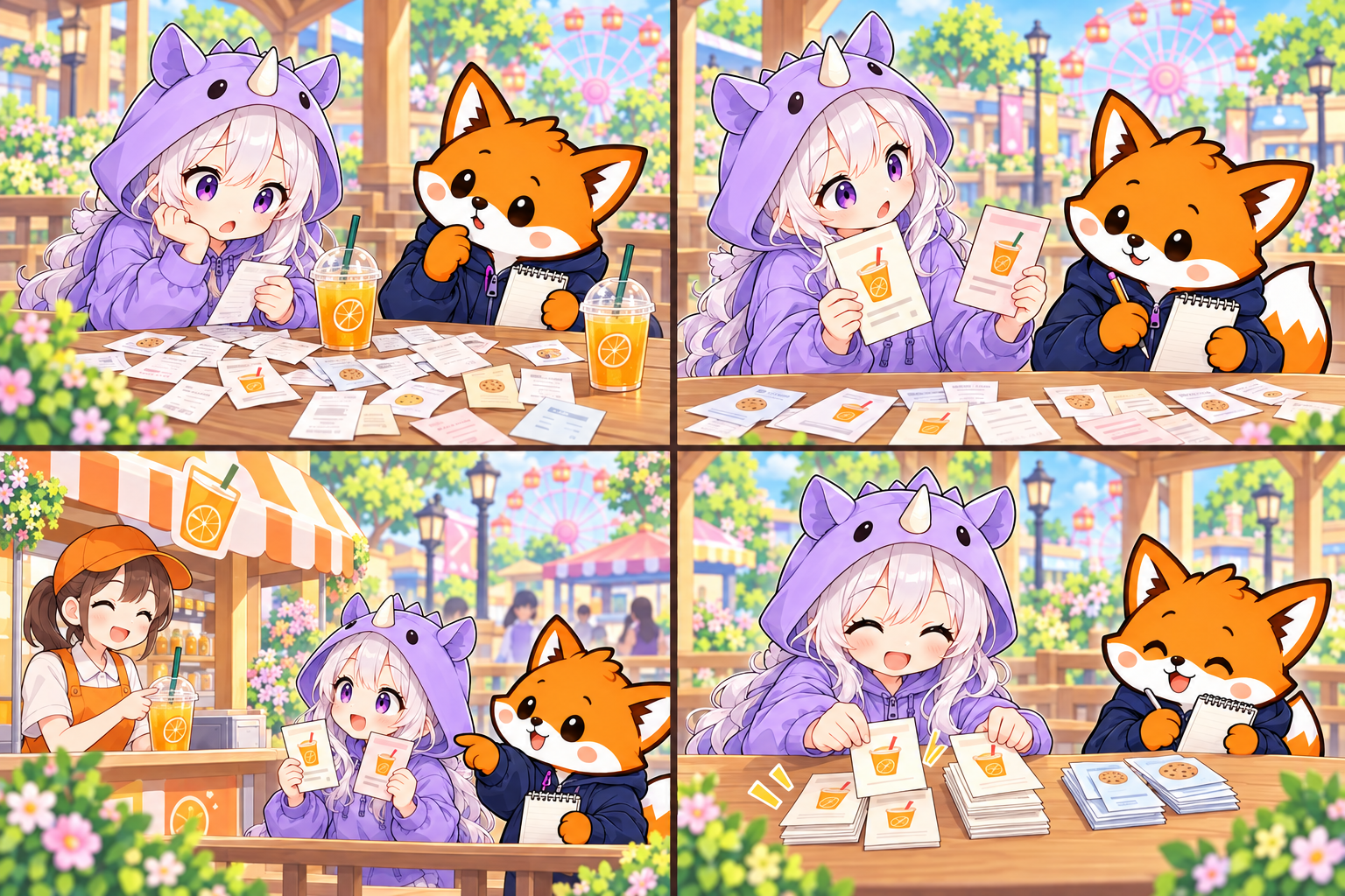 1コマ目。SAIちゃんが机に散らばる販売記録を前に戸惑い、かずまが隣で話を聞く。