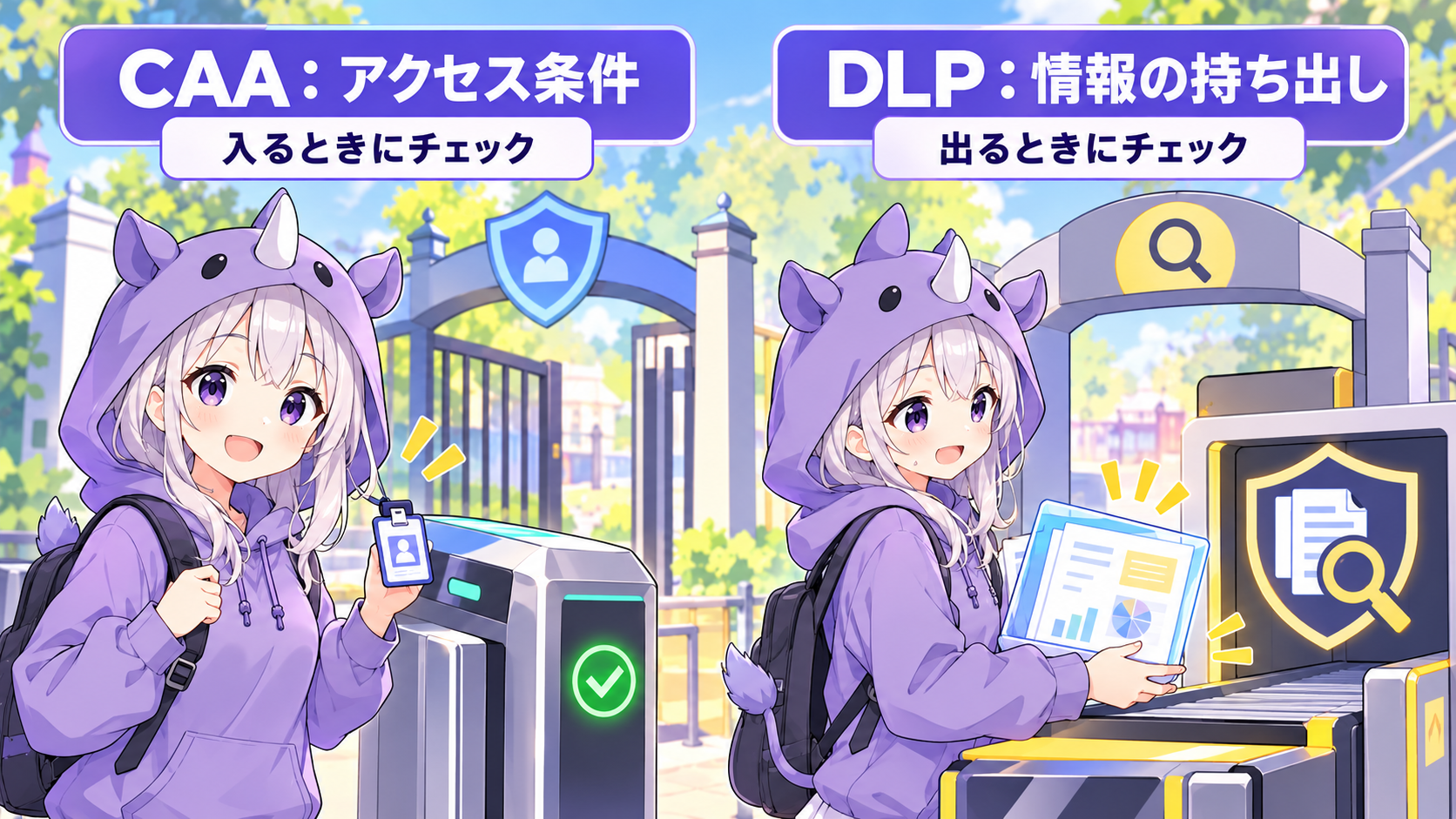 CAAのアクセス条件とDLPの情報持ち出し確認を入口と出口で比べるイラスト