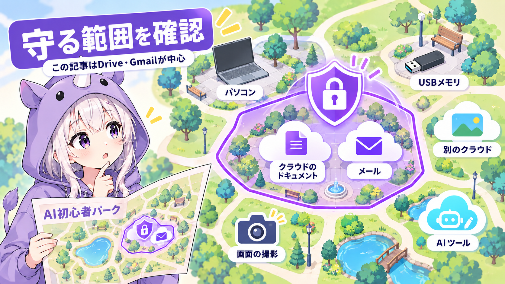 この記事で扱うDriveとGmailを中心に、USBや別クラウドなど別途対策する範囲を確認する図