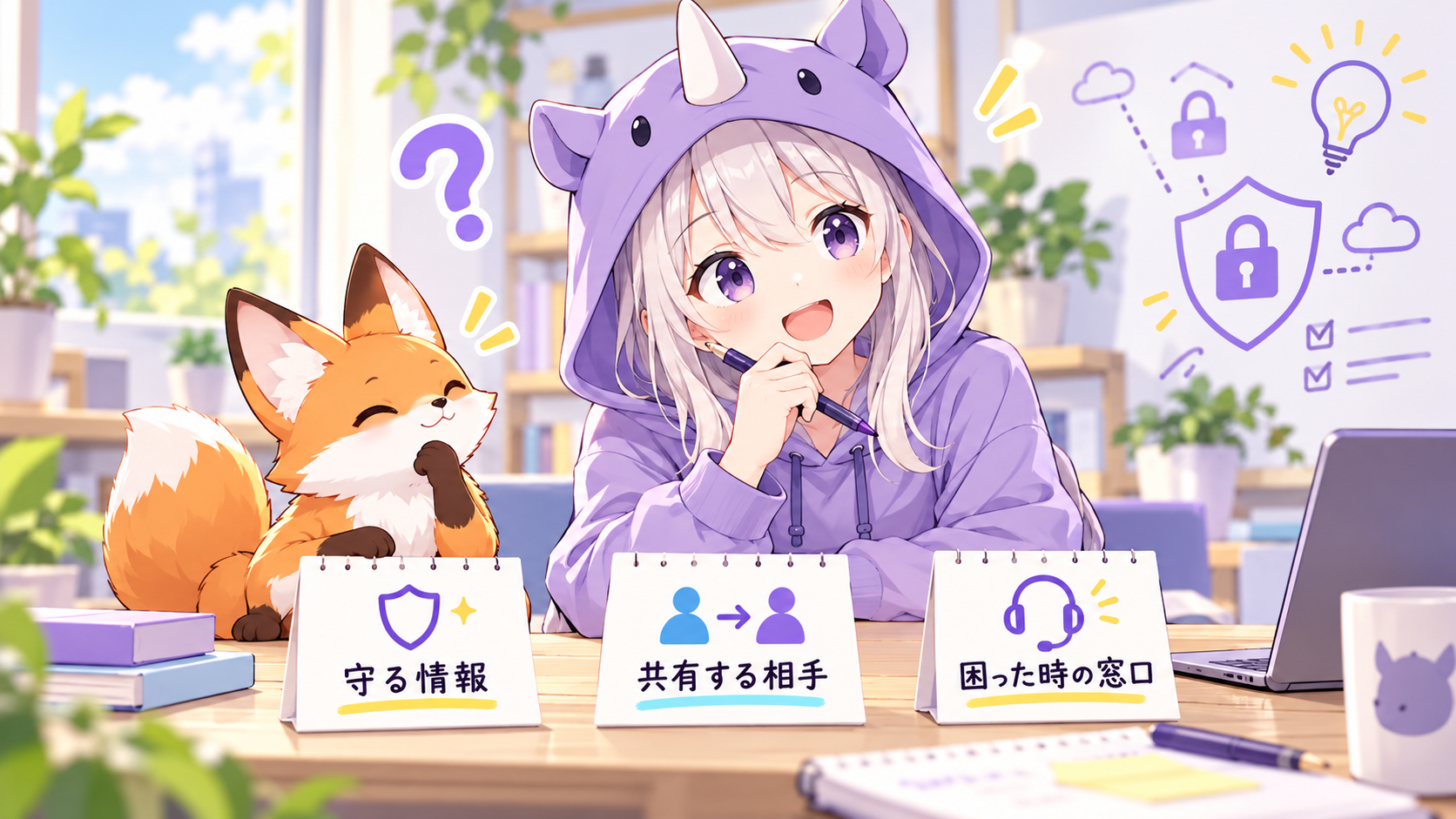 SAIちゃんが守る情報、共有する相手、困った時の窓口の3項目を整理するイラスト