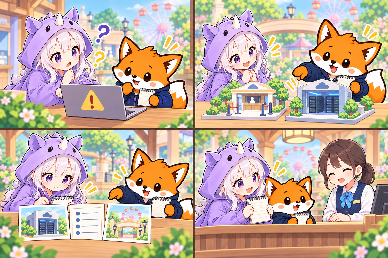 1コマ目。SAIちゃんがノートPCの注意マークを見て戸惑い、紺色パーカー姿のかずまが隣でメモを開く。