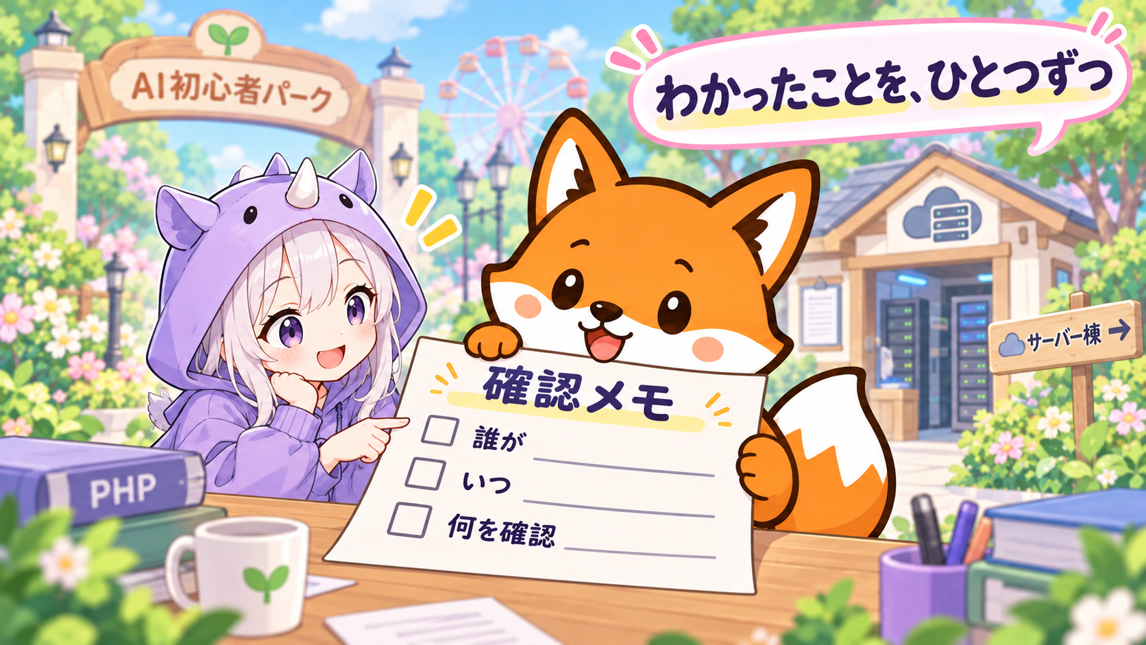 かずまとSAIちゃんが、誰が、いつ、何を確認したかを書き込む未記入の確認メモを見せている