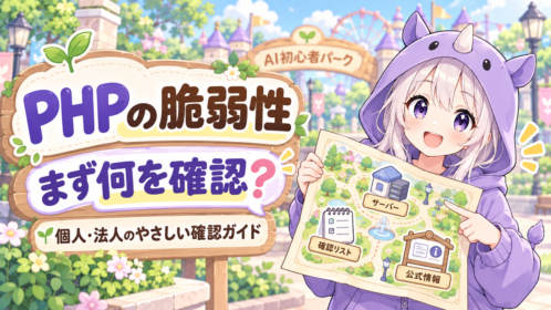 SAIちゃんが園内マップを手に、PHP脆弱性への対応で最初に確認することを案内する画像
