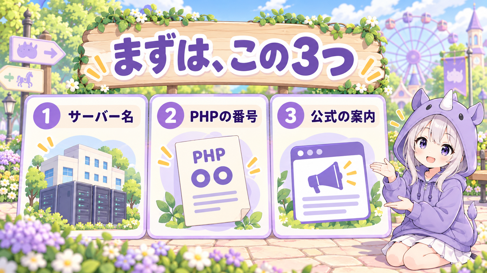 SAIちゃんがサーバー名、PHPの番号、公式の案内の3つの確認カードを見せている